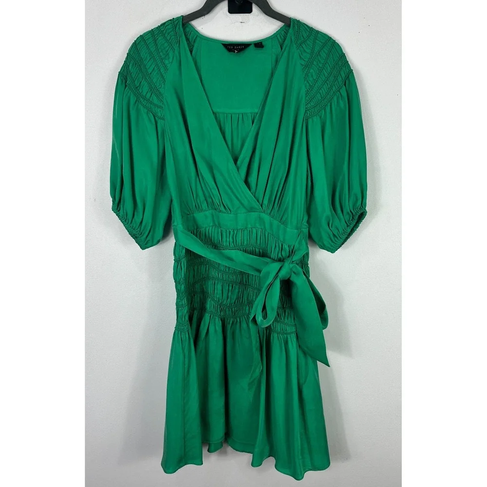 Ted Baker Green Babydoll Mini‎ Dress Womens 1 Small Vegan Silk Smocked Feminine